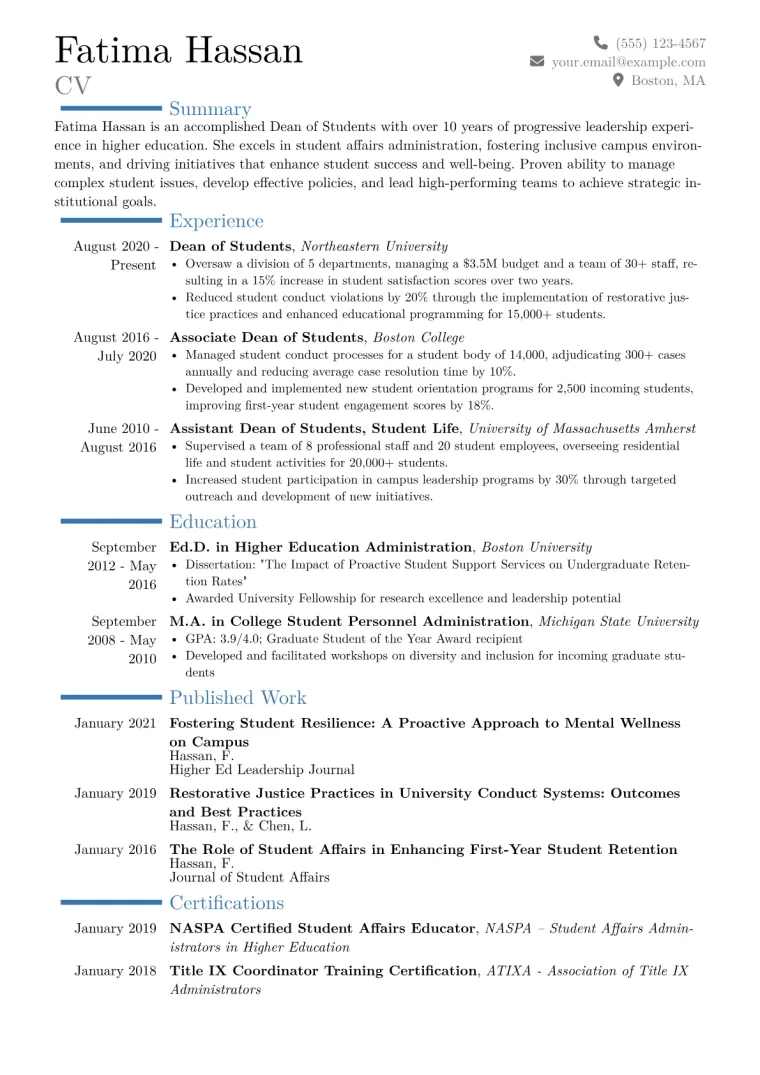 Dean of Students Resume Example CV template preview