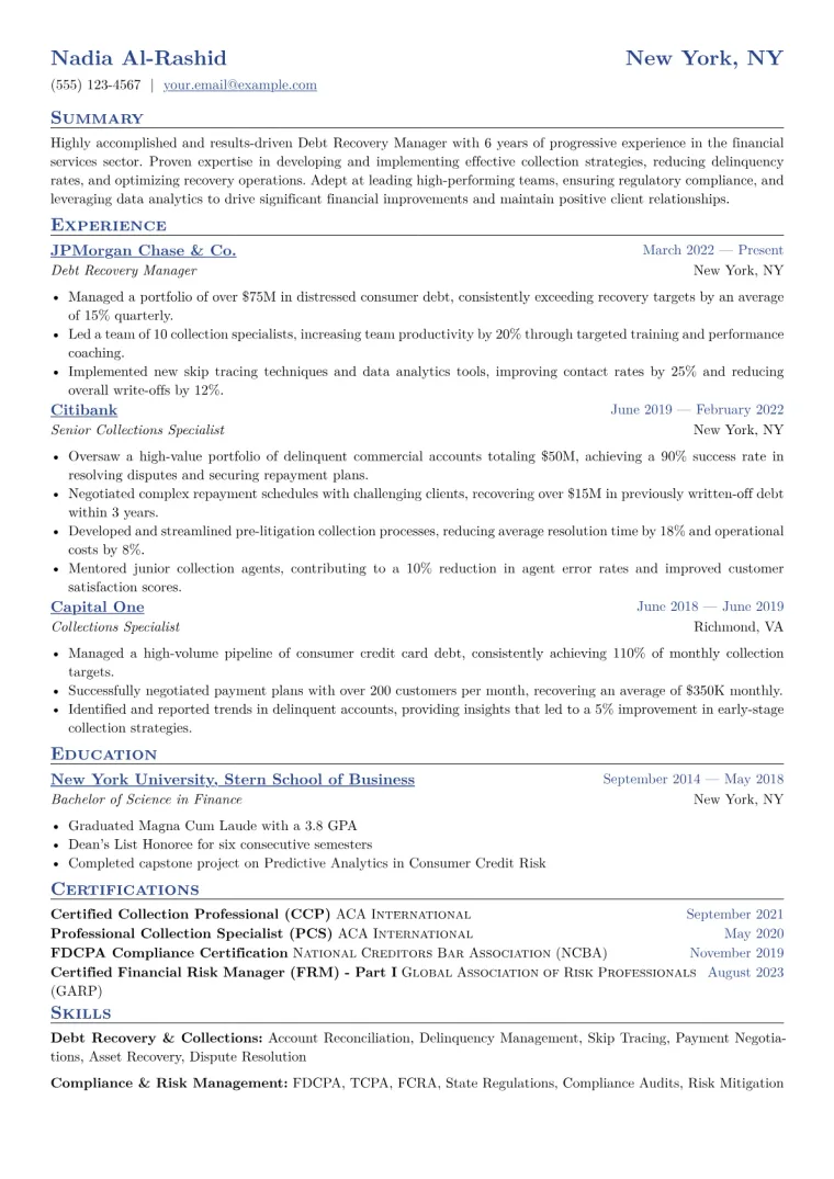 Debt Recovery Manager Resume Example CV template preview