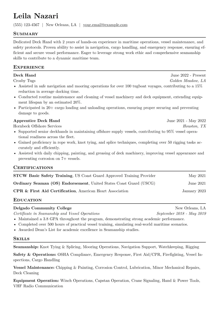 Deck Hand Resume Example CV template preview