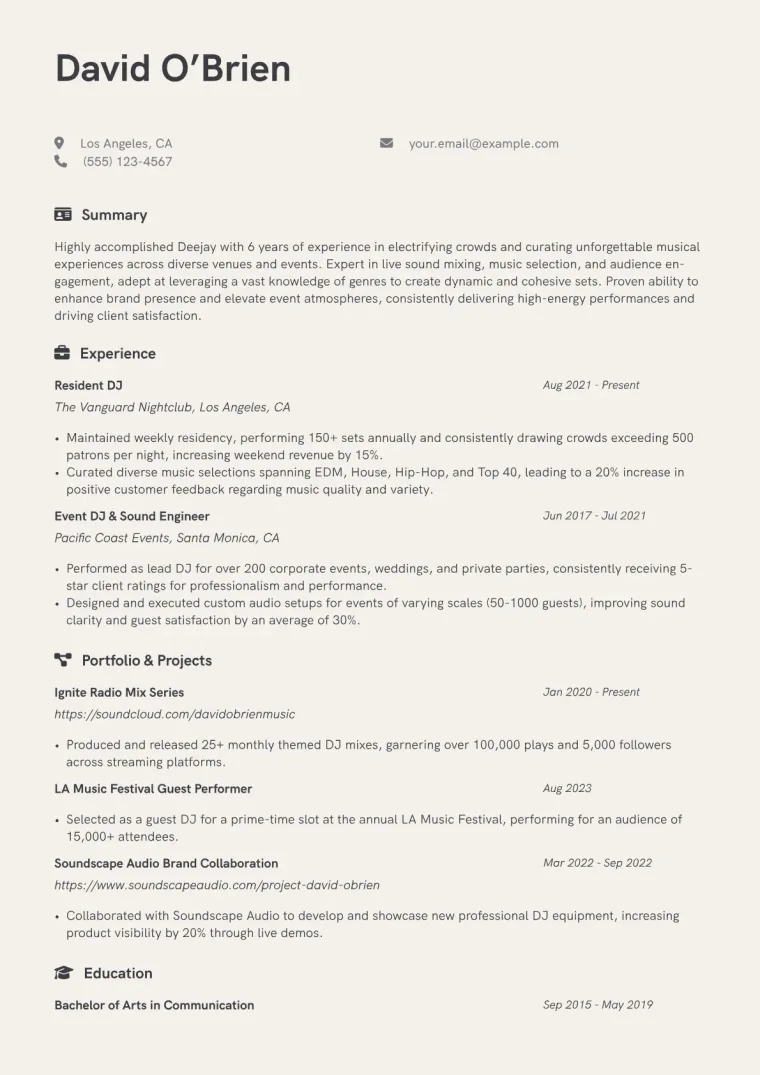 Deejay Resume Example CV template preview