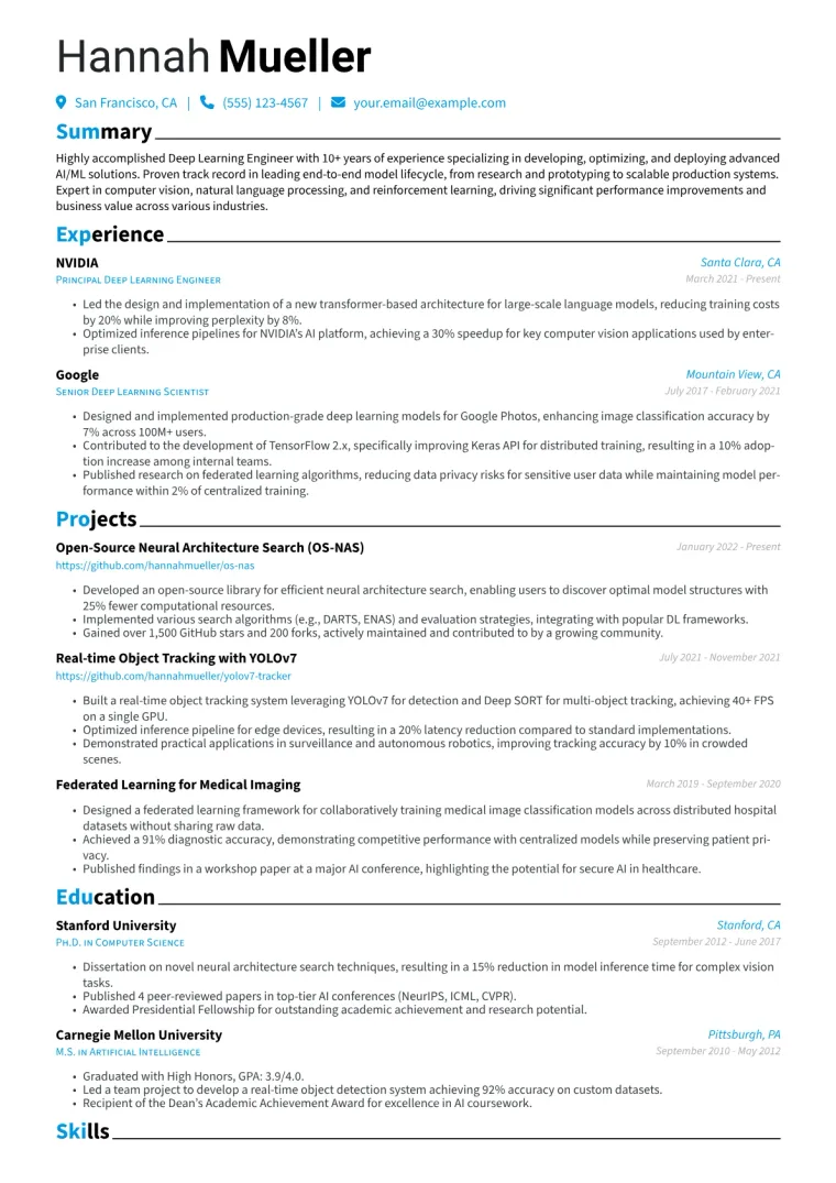 Deep Learning Engineer Resume Example CV template preview