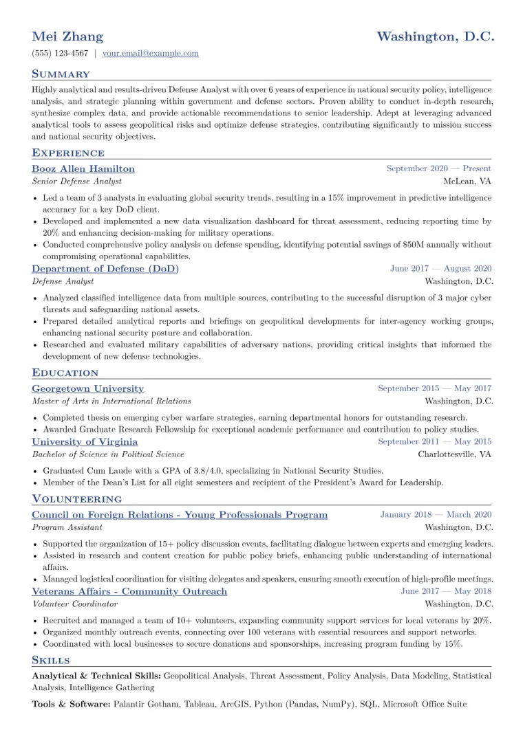 Defense Analyst Resume Example CV template preview