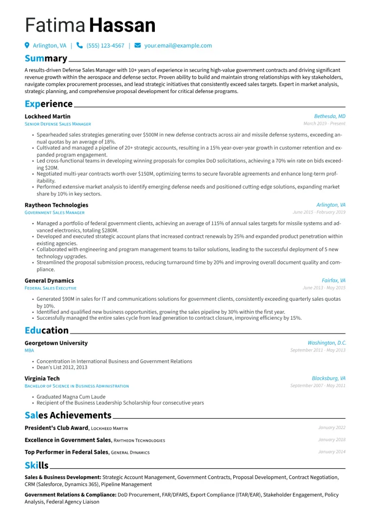 Defense Sales Manager Resume Example CV template preview