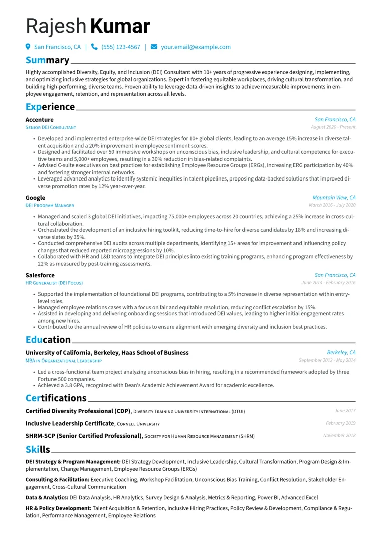 DEI Consultant Resume Example CV template preview