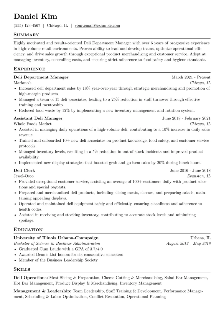 Deli Department Manager Resume Example CV template preview