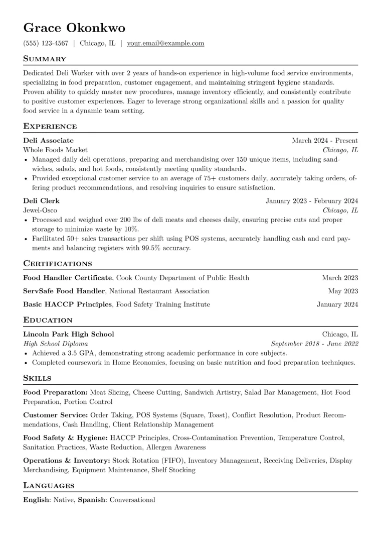 Deli Worker Resume Example CV template preview