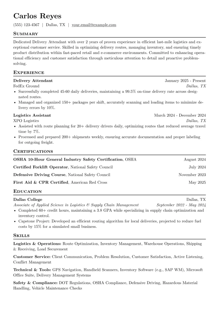 Delivery Attendant Resume Example CV template preview
