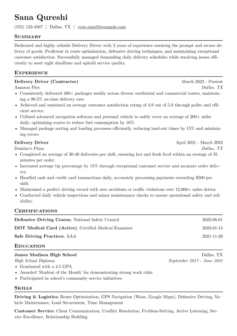 Delivery Driver Resume Example CV template preview
