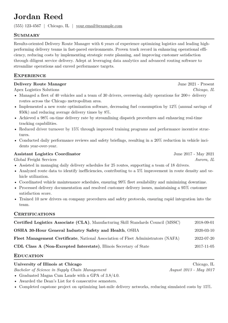 Delivery Route Manager Resume Example CV template preview