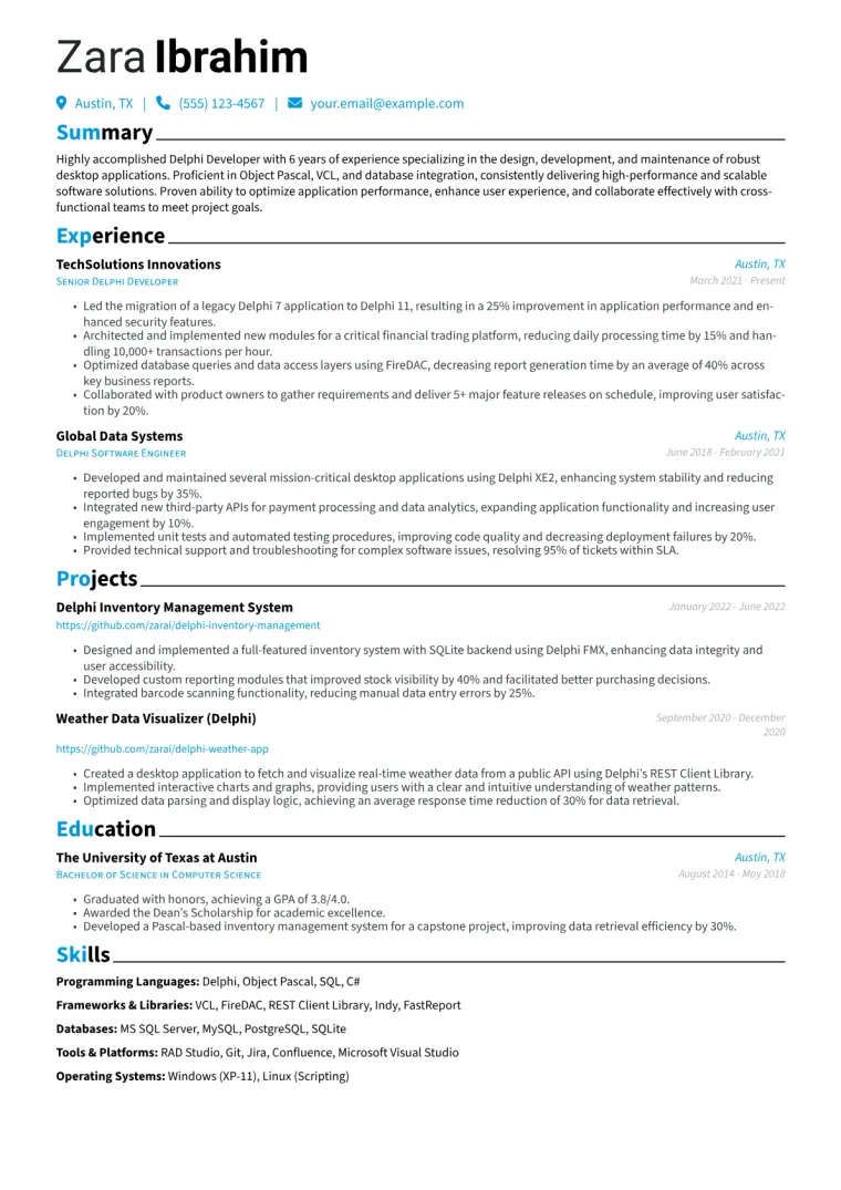 Delphi Developer Resume Example CV template preview