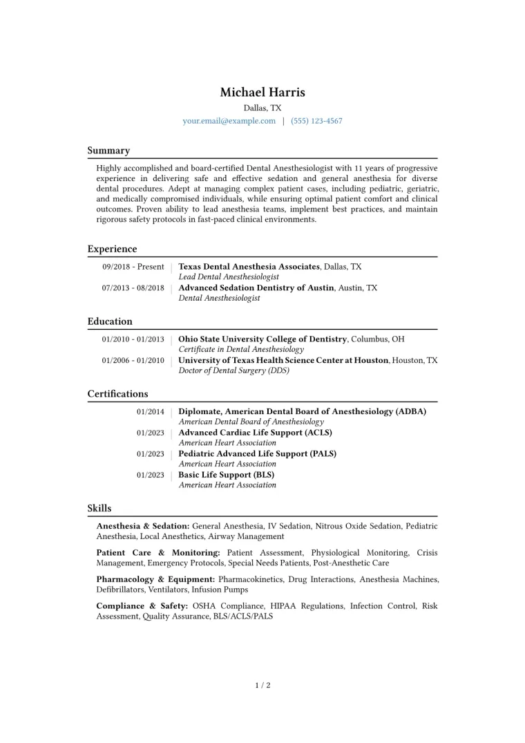 Dental Anesthesiologist Resume Example CV template preview