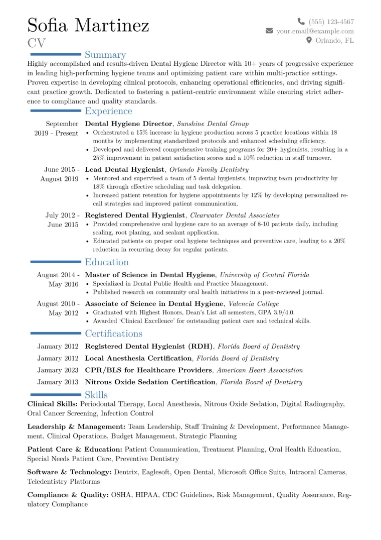 Dental Hygiene Director Resume Example CV template preview
