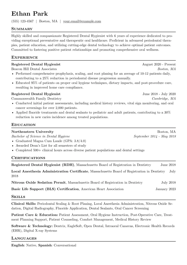 Dental Hygiene Resume Example CV template preview