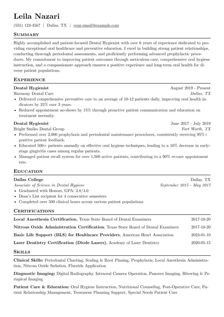 Dental Hygienist Resume Example CV template preview