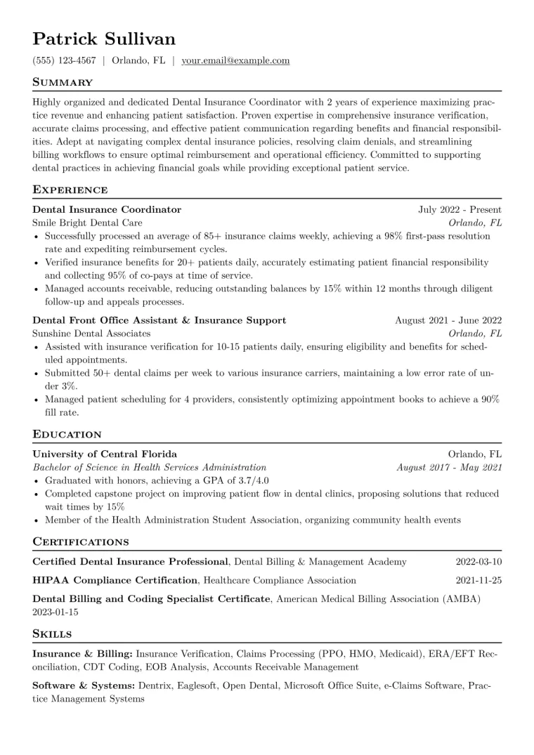 Dental Insurance Coordinator Resume Example CV template preview