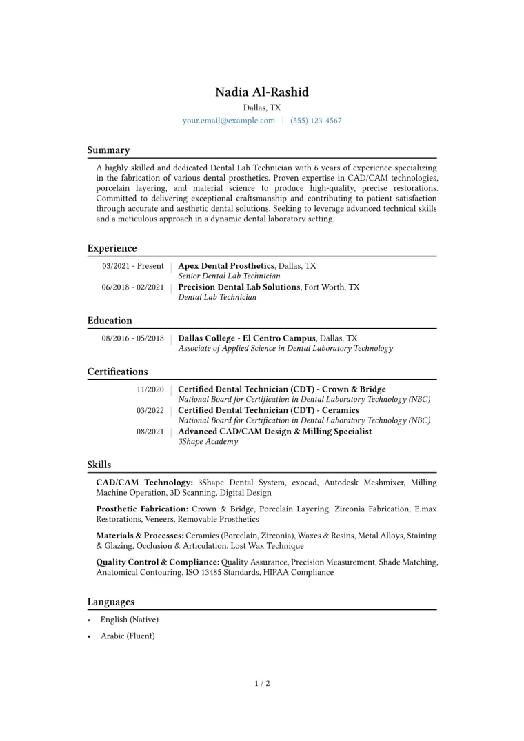 Dental Lab Technician Resume Example CV template preview