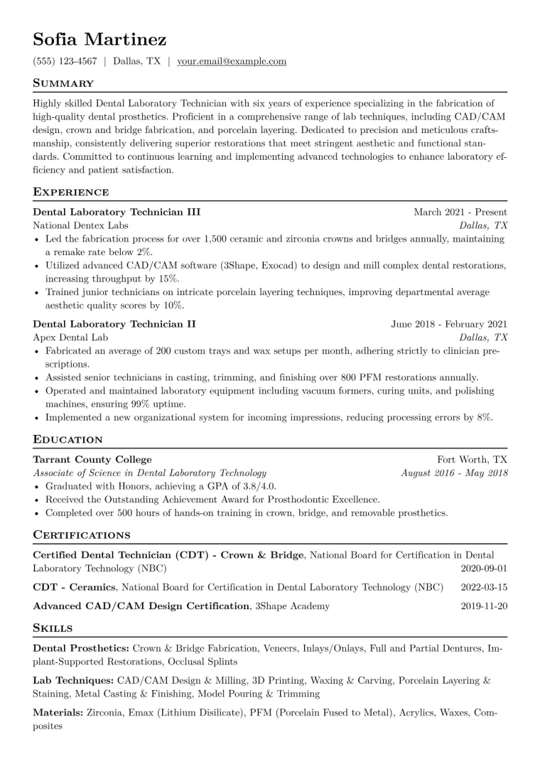 Dental Laboratory Technician Resume Example CV template preview