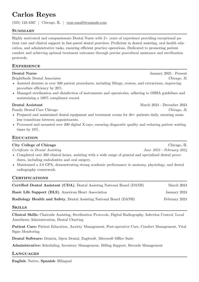 Dental Nurse Resume Example CV template preview