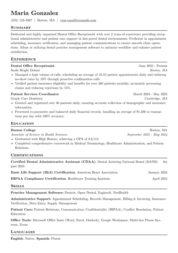 Dental Office Receptionist Resume Example CV template preview
