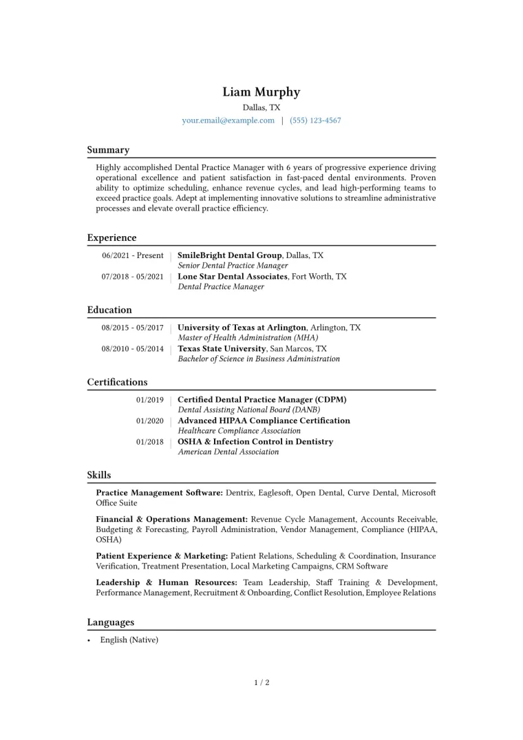Dental Practice Manager Resume Example CV template preview