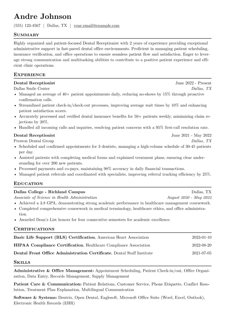 Dental Receptionist Resume Example CV template preview