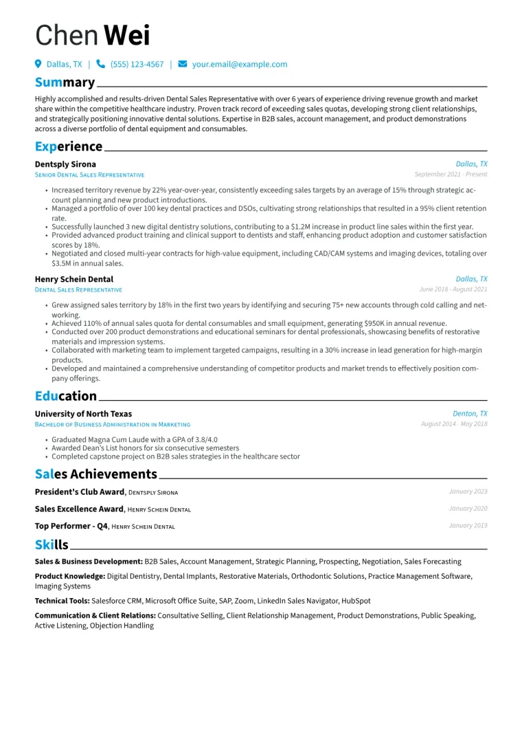 Dental Sales Representative Resume Example CV template preview