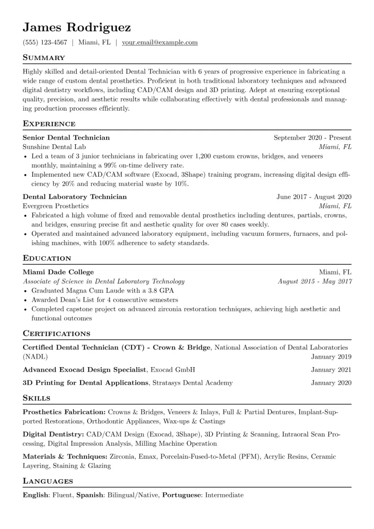 Dental Technician Resume Example CV template preview
