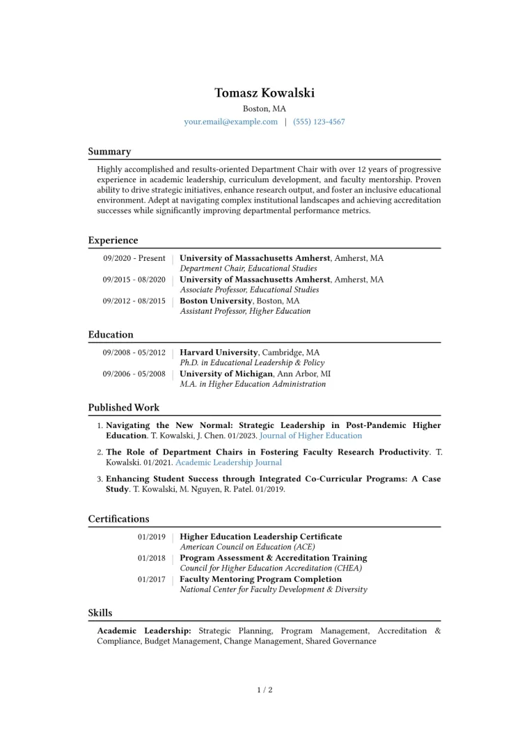 Department Chair Resume Example CV template preview