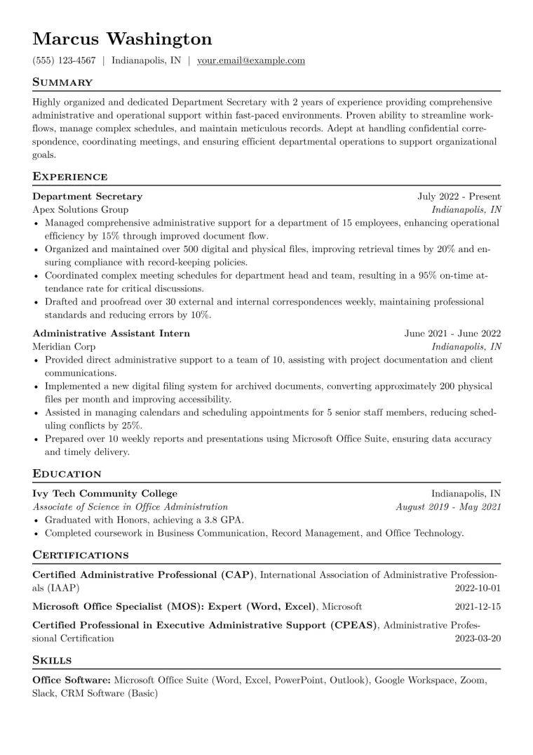 Department Secretary Resume Example CV template preview