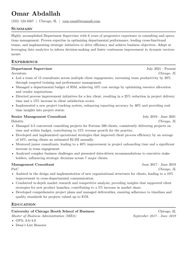 Department Supervisor Resume Example CV template preview