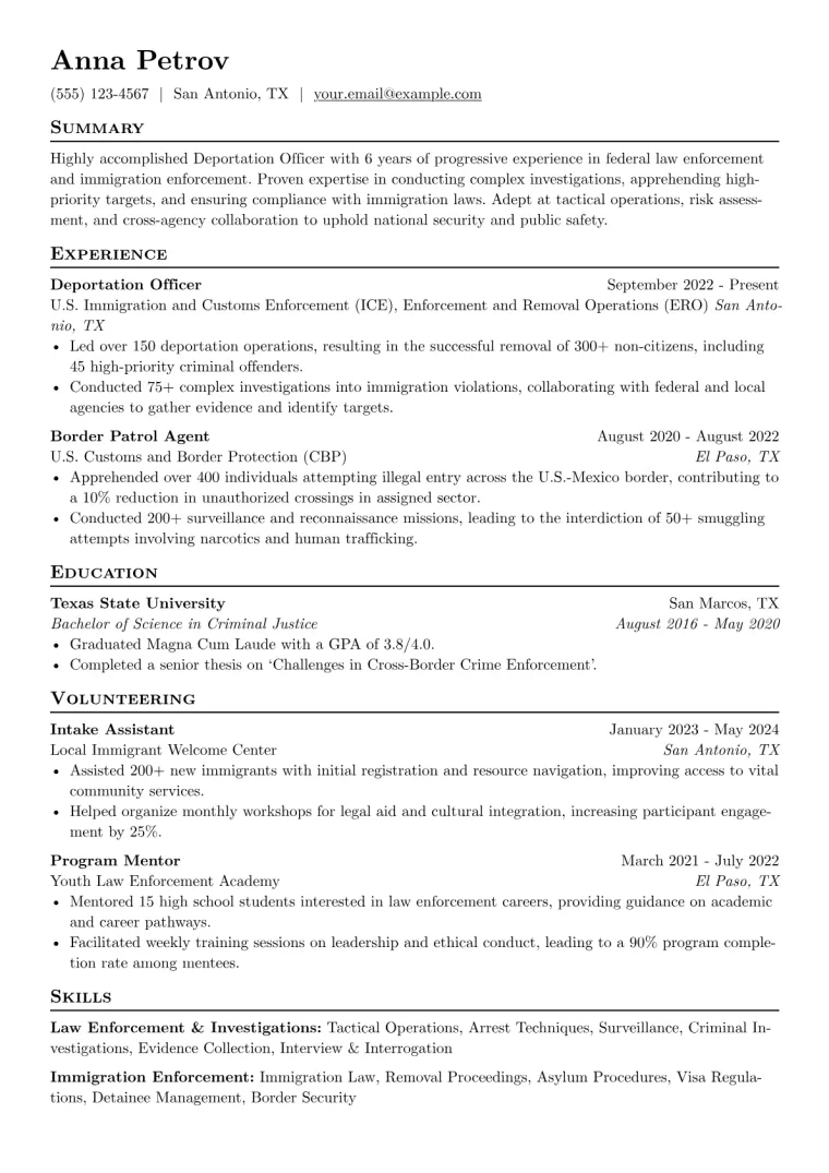 Deportation Officer Resume Example CV template preview