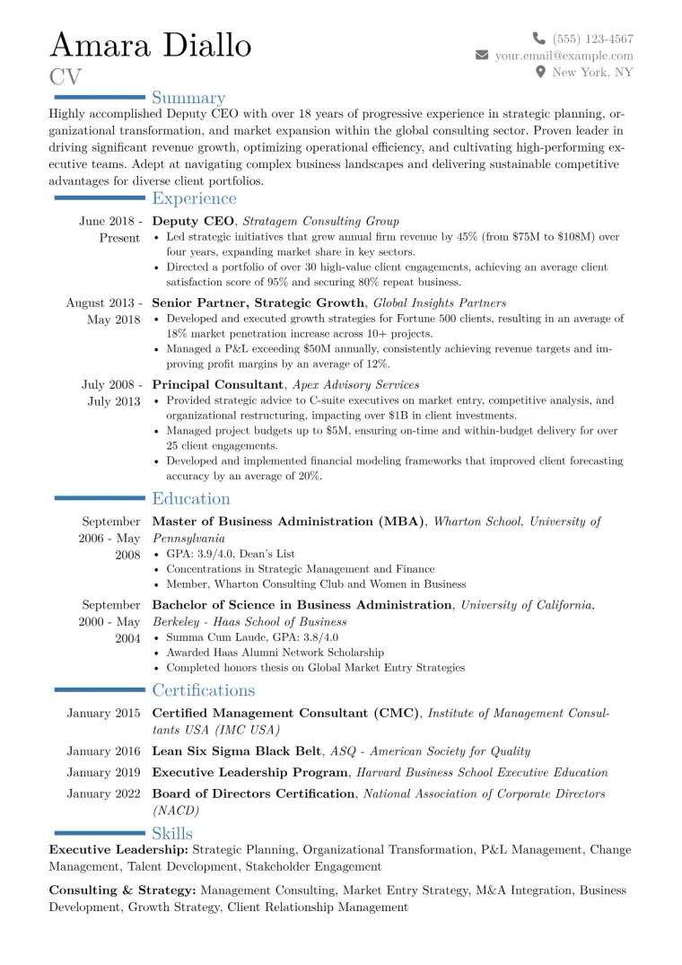 Deputy CEO Resume Example CV template preview
