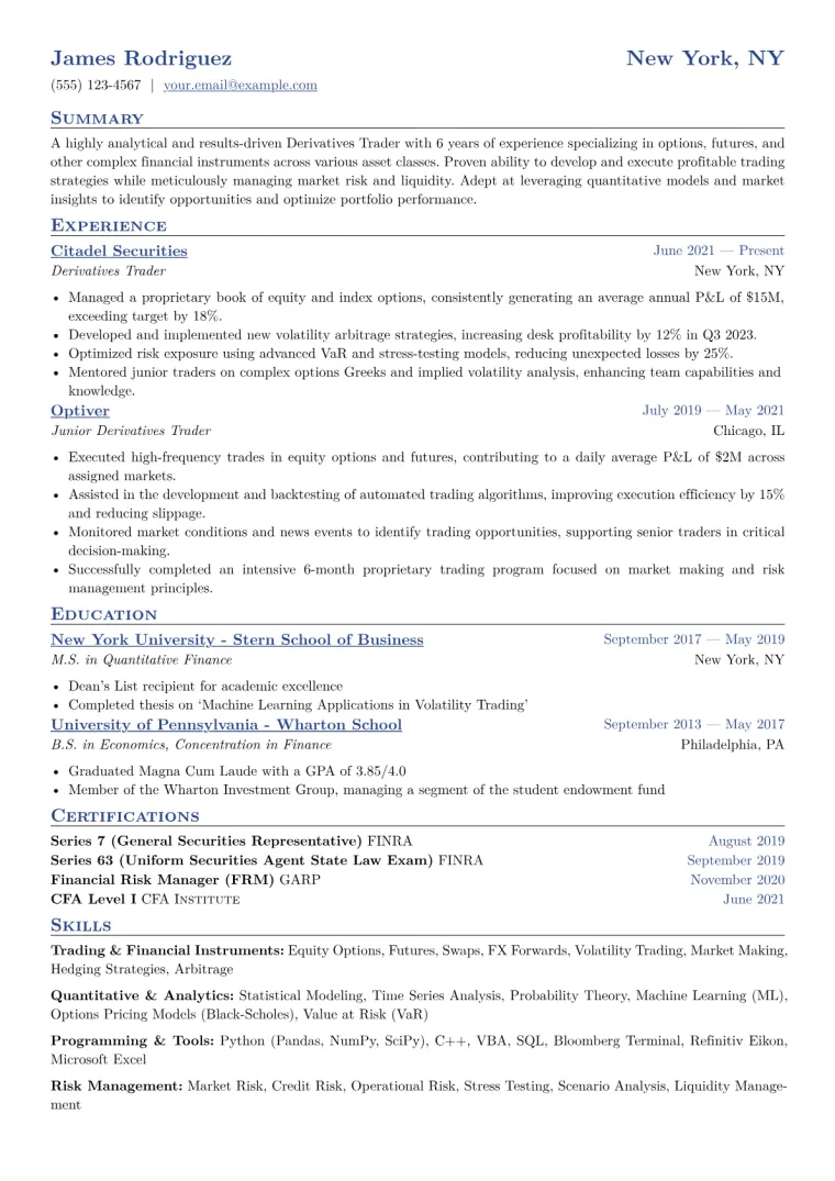 Derivatives Trader Resume Example CV template preview