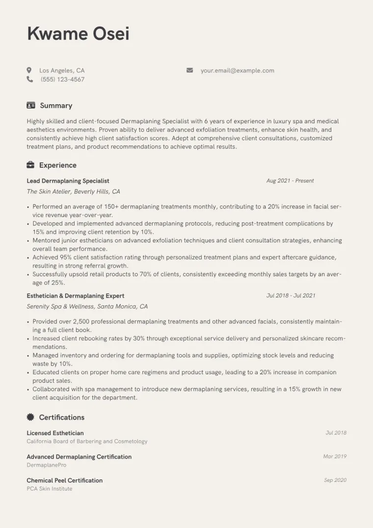 Dermaplaning Specialist Resume Example CV template preview