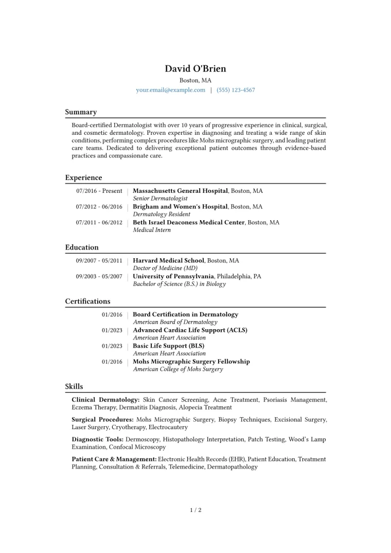 Dermatologist Resume Example CV template preview