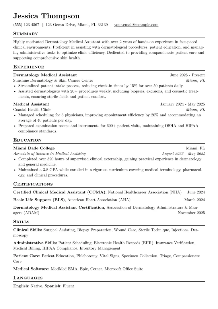 Dermatology Medical Assistant Resume Example CV template preview