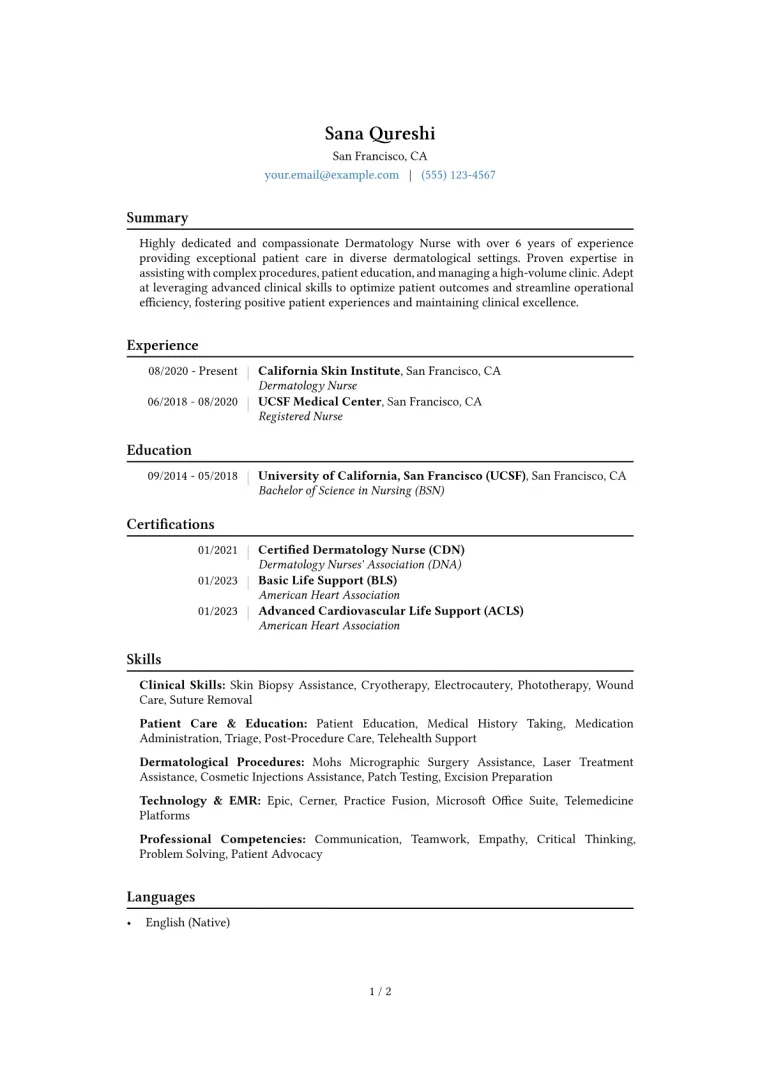 Dermatology Nurse Resume Example CV template preview