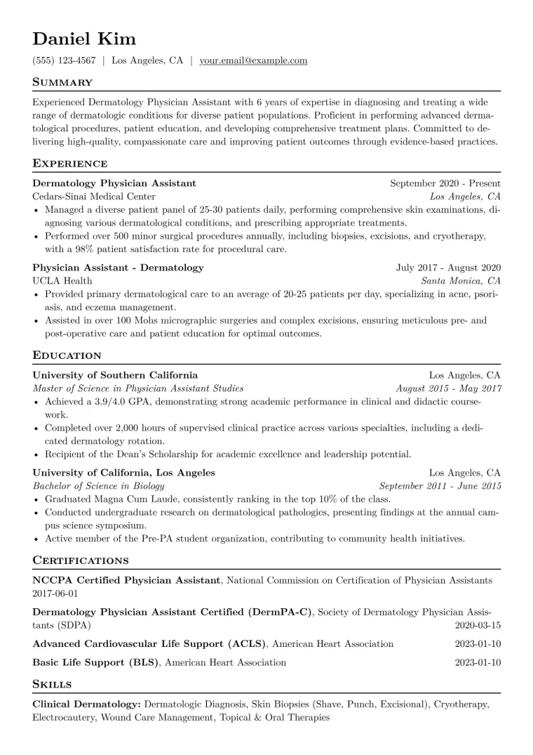 Dermatology PA Resume Example CV template preview