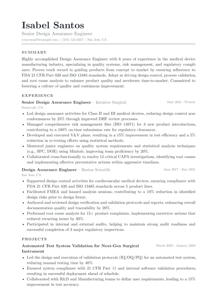 Design Assurance Engineer Resume Example CV template preview