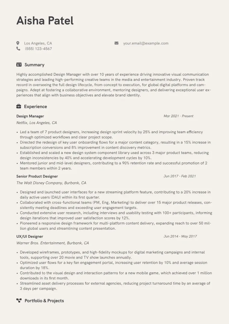 Design Manager Resume Example CV template preview