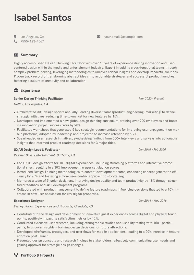 Design Thinking Facilitator Resume Example CV template preview
