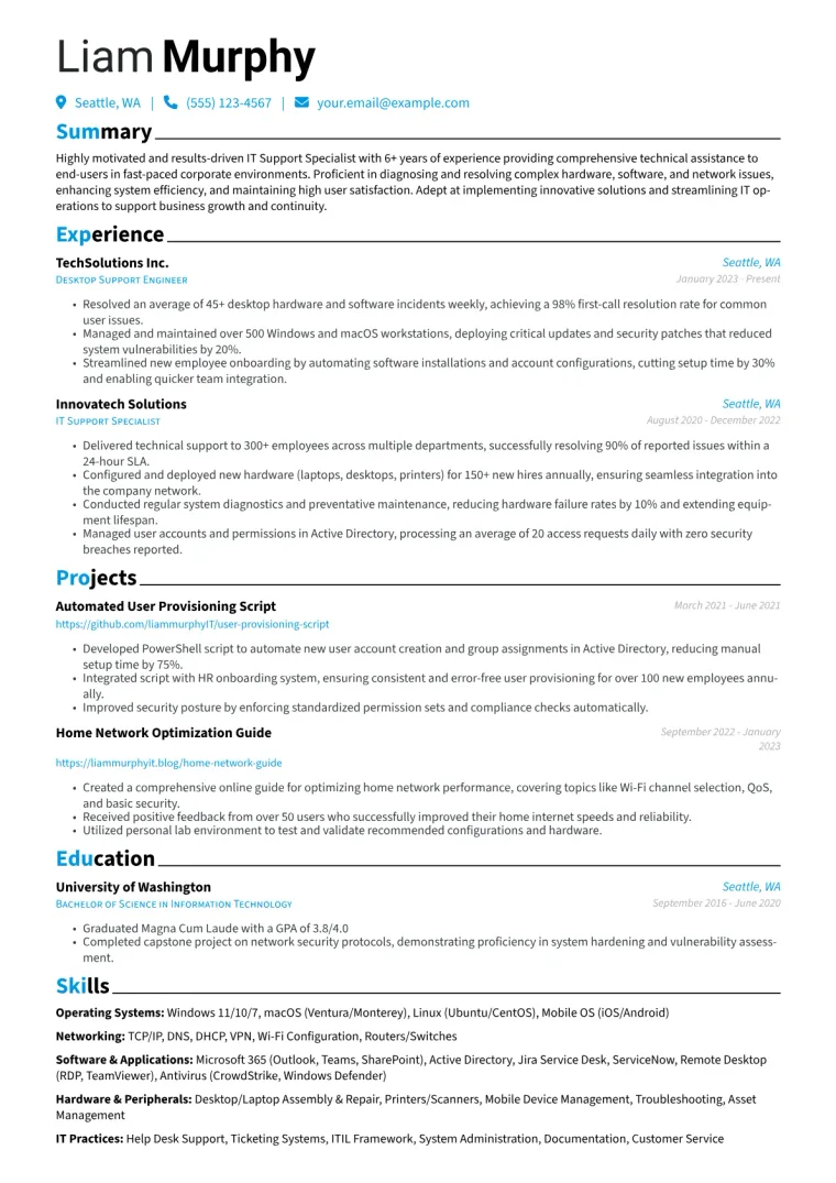 Desktop Support Resume Example CV template preview