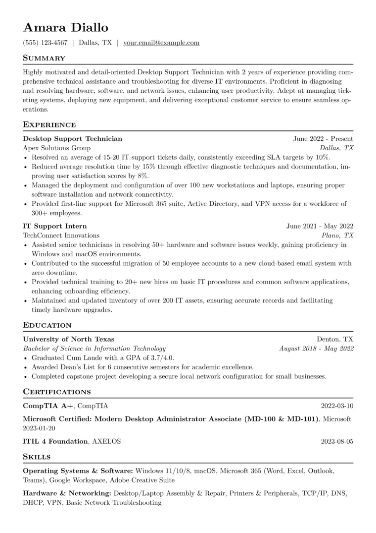 Desktop Support Technician Resume Example CV template preview