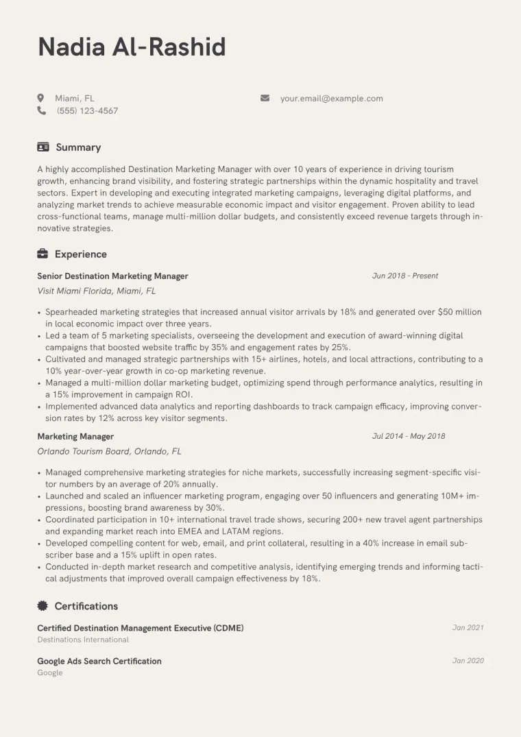 Destination Marketing Manager Resume Example CV template preview