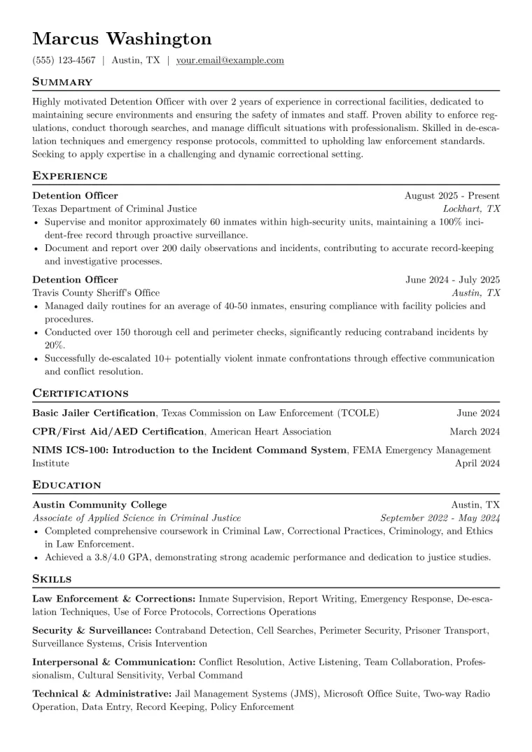 Detention Officer Resume Example CV template preview