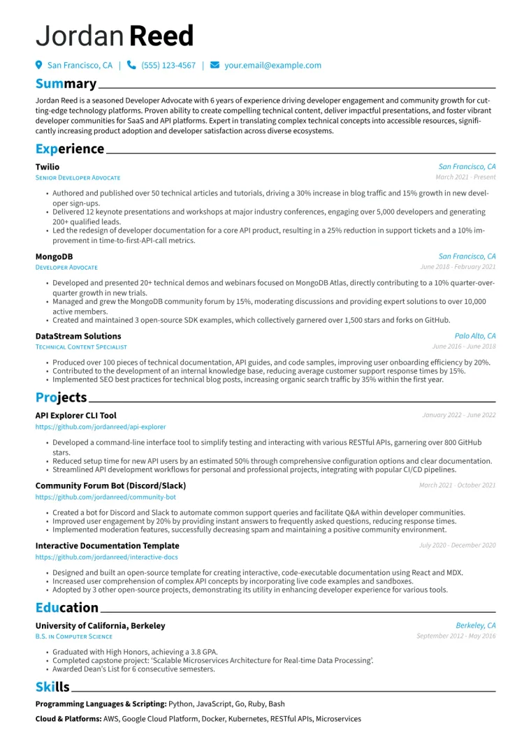 Developer Advocate Resume Example CV template preview