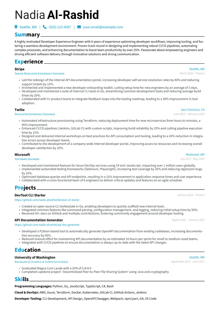 Developer Experience Engineer Resume Example CV template preview