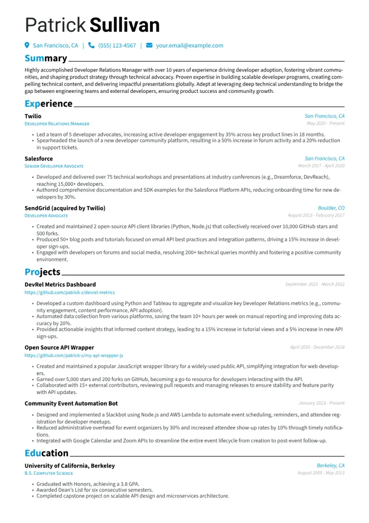 Developer Relations Manager Resume Example CV template preview