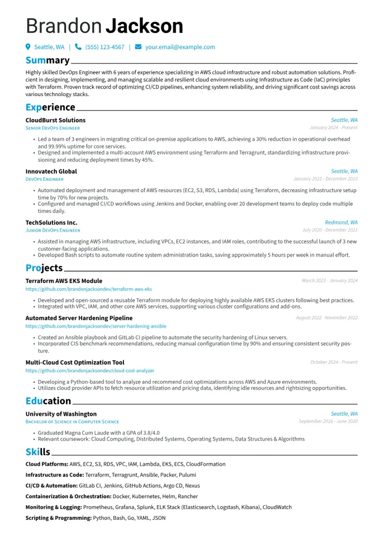 DevOps Engineer AWS Terraform Resume Example preview