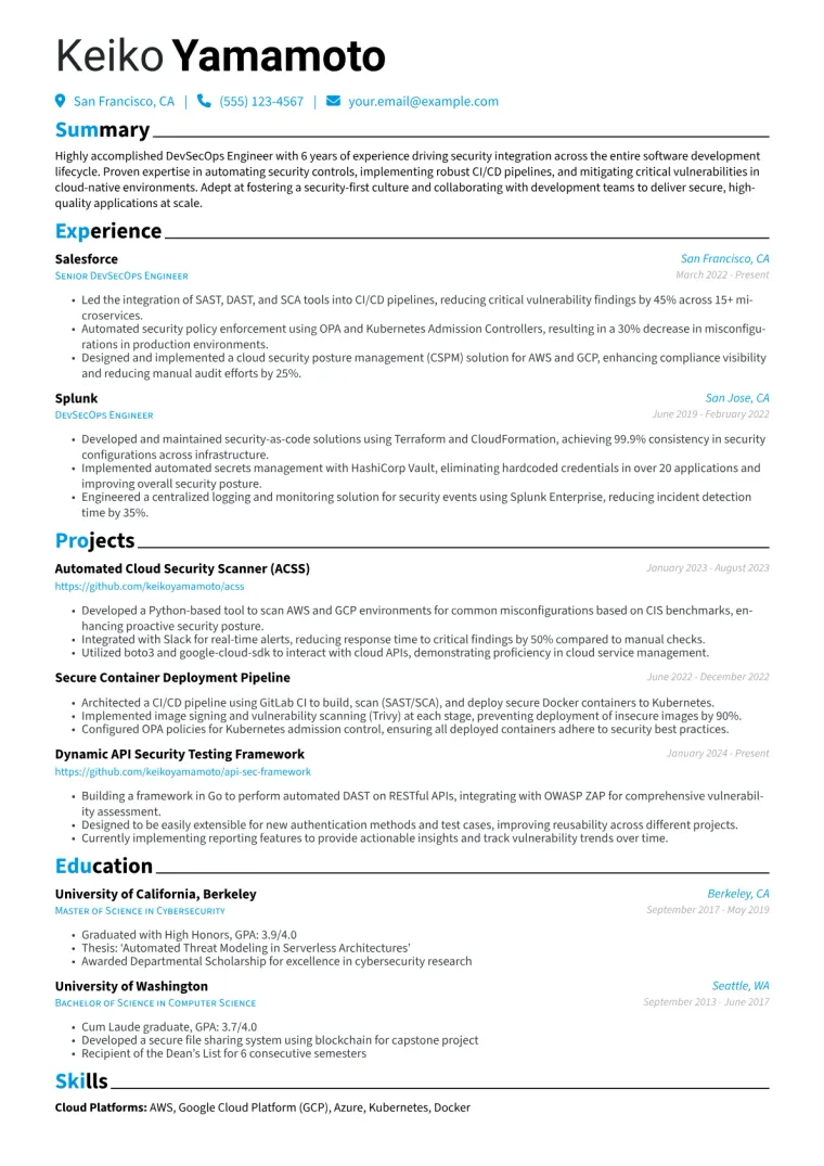 DevSecOps Engineer Resume Example CV template preview